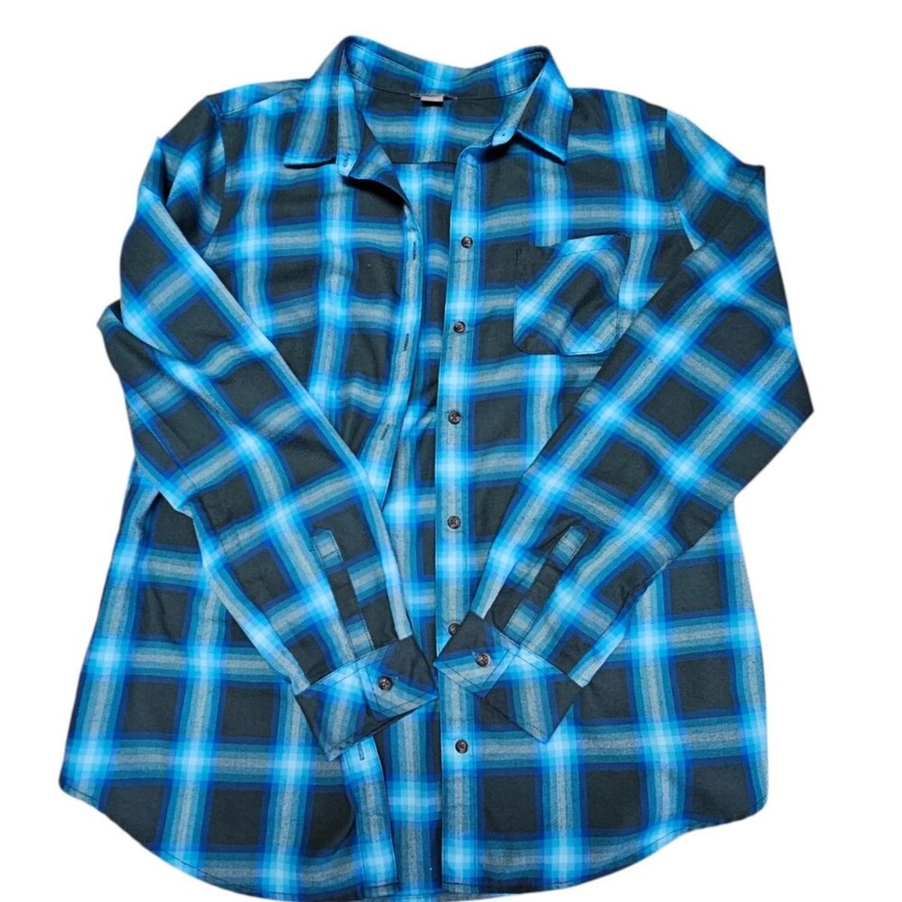 Eddie Bauer Flannel Shirt Women's Size M Blue Black Plaid Long Sleeve Button Up